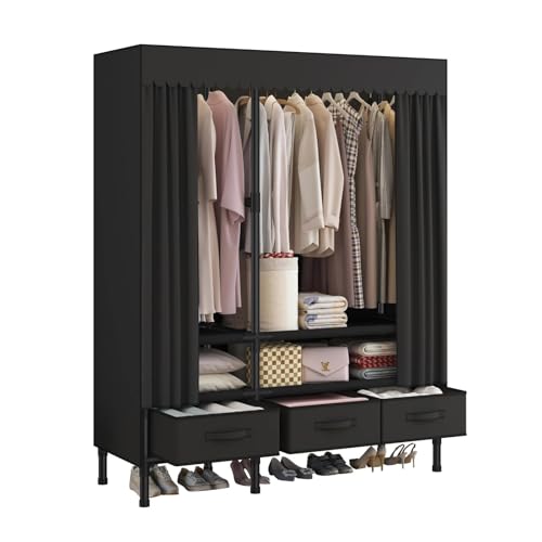 WEALTHYHEART Portable Closet,Garment Rack,Heavy Duty Clothes Rack with Cover,Wardrobe Closet with 1 Hanging Rods, 2 Storage Shelves and 3 Drawers,43.3" L x 17.7" W x 67.7" H,Black - Image 1