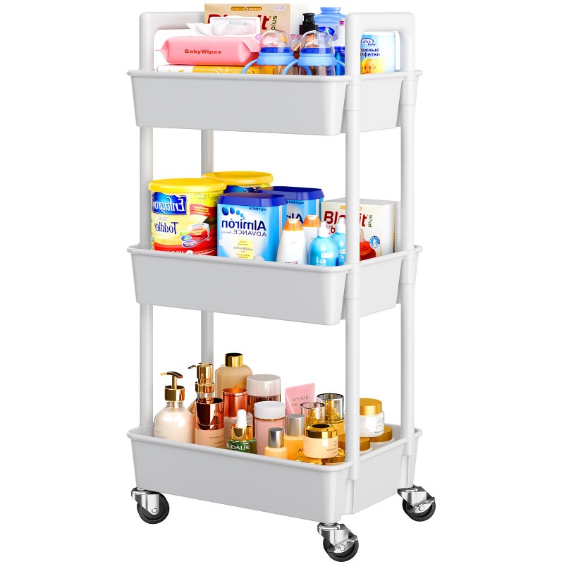 Pipishell 3 Tier Rolling Cart Organizer, Plastic Rolling Cart with Lockable Wheels & Reinforced Handle, Lightweight Utility Cart Storage Cart for Nursery, Kitchen, Bathroom, Craft Room, White, PIUC14W - Image 1