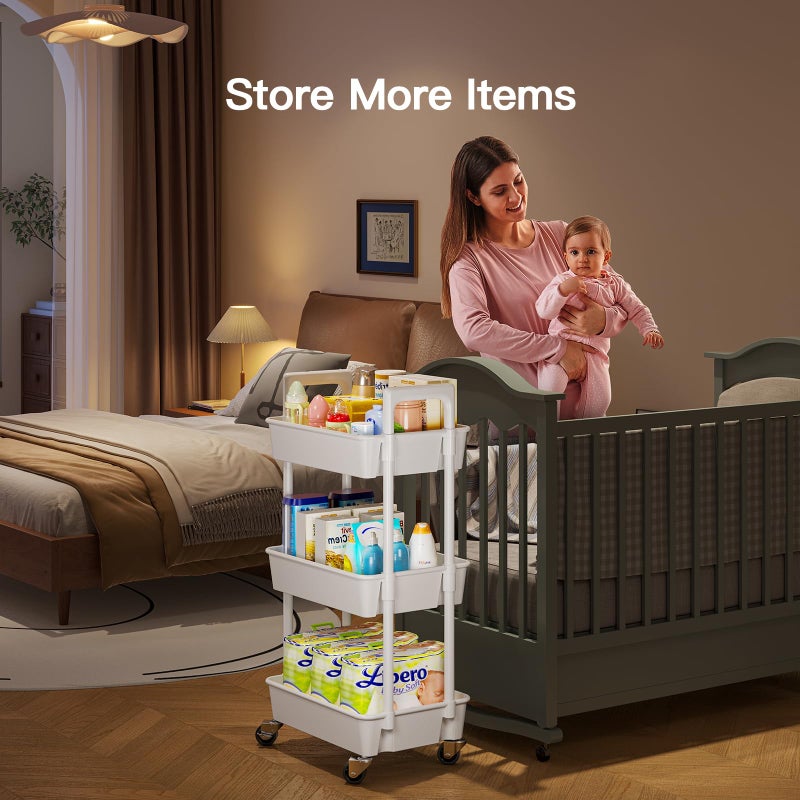Pipishell 3 Tier Rolling Cart Organizer, Plastic Rolling Cart with Lockable Wheels & Reinforced Handle, Lightweight Utility Cart Storage Cart for Nursery, Kitchen, Bathroom, Craft Room, White, PIUC14W - Image 3