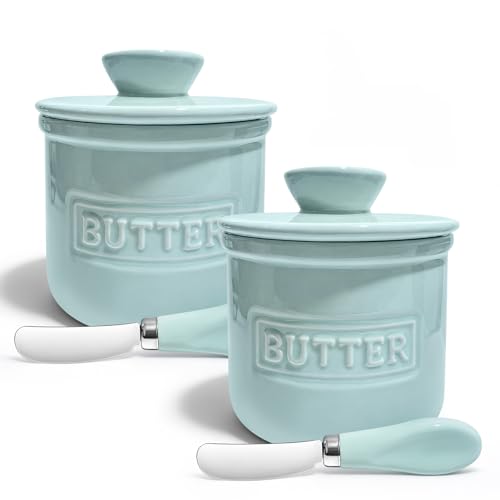 LonXFan Butter Crock with Lid for Kitchen Countertop – 2 Pack Ceramic French Butters Canister Airtight Butter Dish with Butter Knife for Keeping Butter Soft & Fresh, Kitchen Décor, Housewarming Gift - Image 1