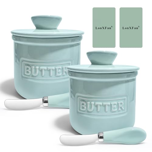 LonXFan Butter Crock with Lid for Kitchen Countertop – 2 Pack Ceramic French Butters Canister Airtight Butter Dish with Butter Knife for Keeping Butter Soft & Fresh, Kitchen Décor, Housewarming Gift - Image 2
