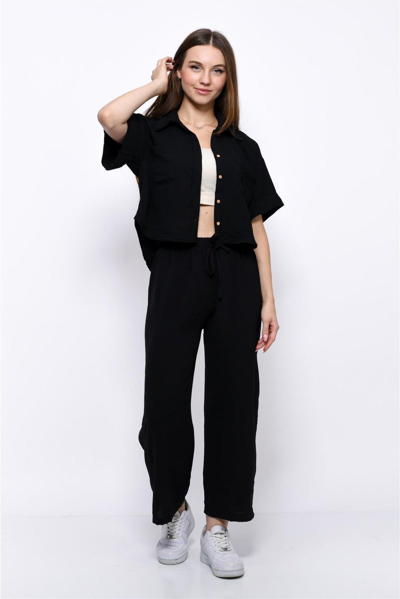 Nuseel Aerobin Crop Shirt Elastic Waist Trousers 2 Piece Set Black - Image 5