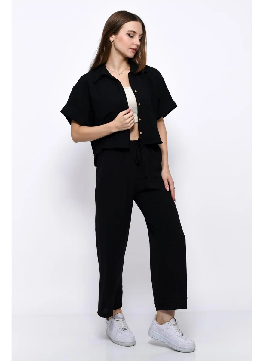 Nuseel Aerobin Crop Shirt Elastic Waist Trousers 2 Piece Set Black