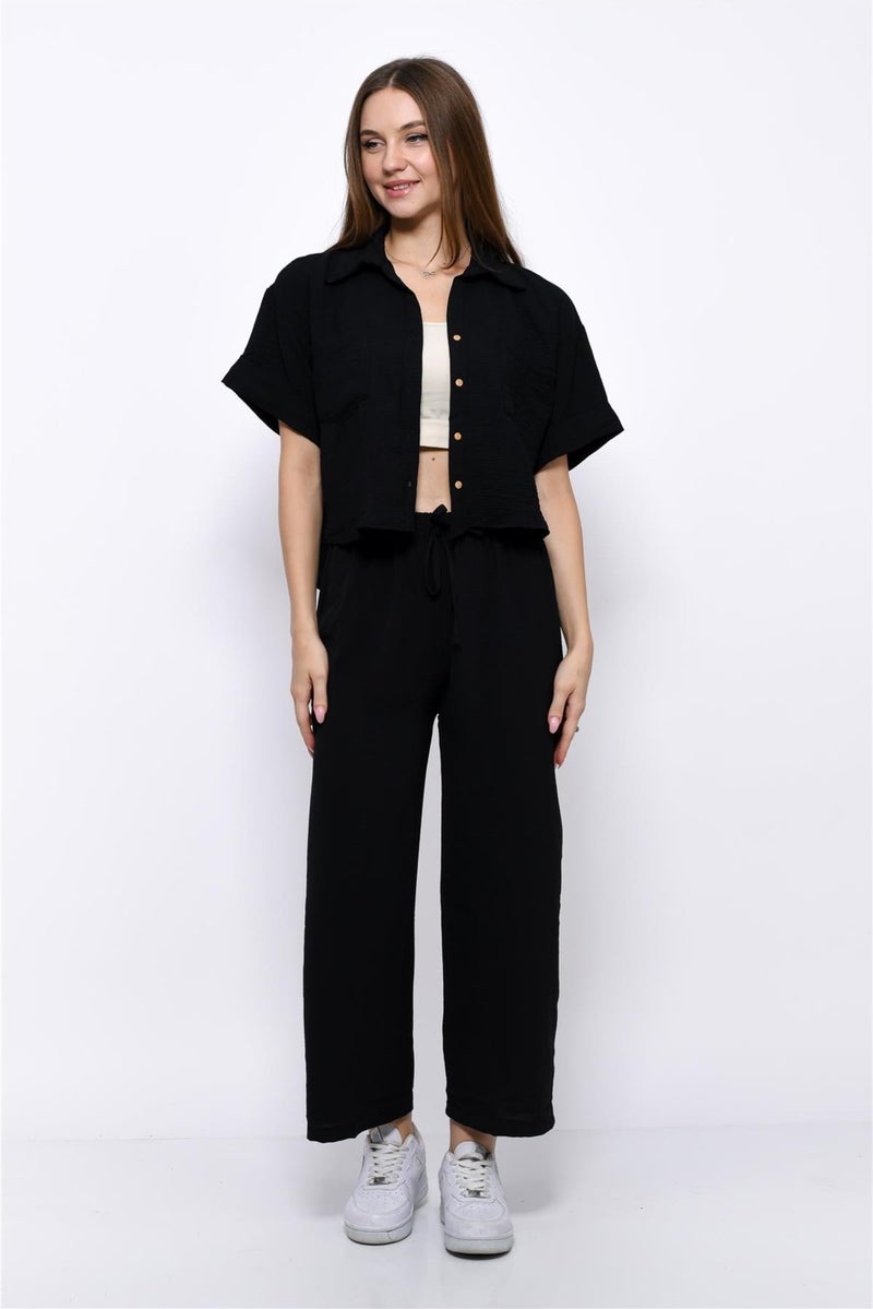 Nuseel Aerobin Crop Shirt Elastic Waist Trousers 2 Piece Set Black - Image 3