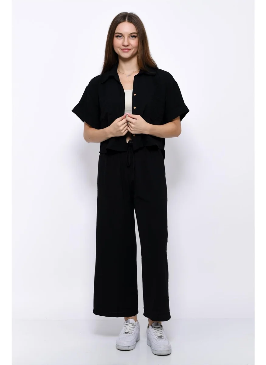Nuseel Aerobin Crop Shirt Elastic Waist Trousers 2 Piece Set Black