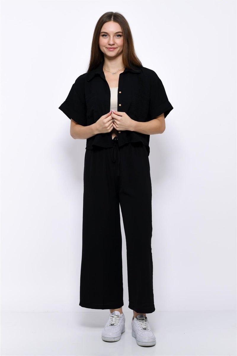 Nuseel Aerobin Crop Shirt Elastic Waist Trousers 2 Piece Set Black - Image 2