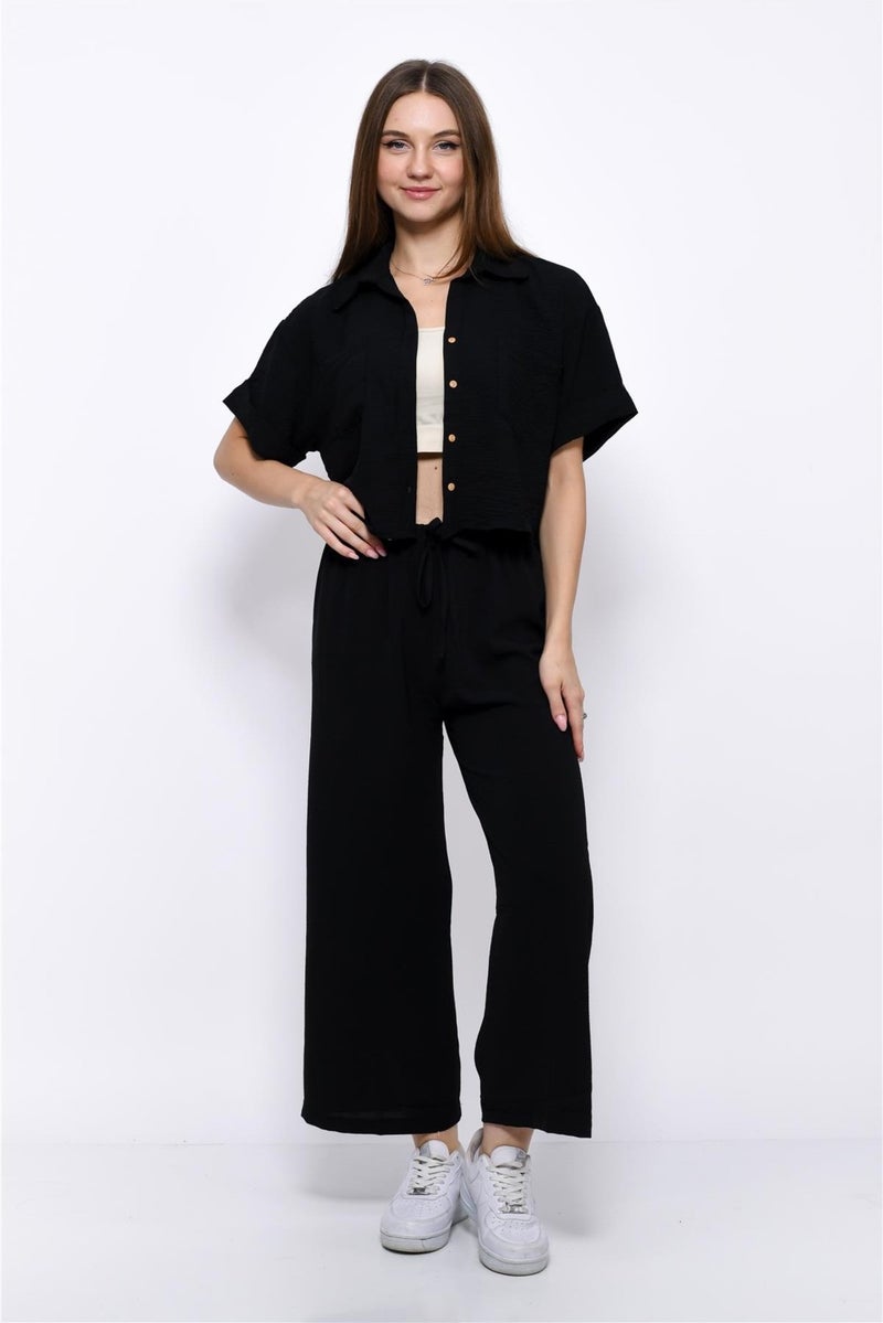 Nuseel Aerobin Crop Shirt Elastic Waist Trousers 2 Piece Set Black - Image 4