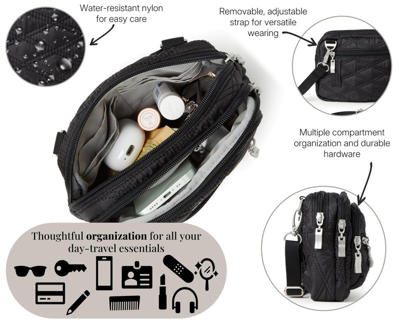 Baggallini womens Triple Zip Bagg, Black Quilt, One Size US - Image 4