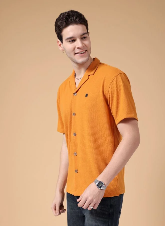 The Indian Garage Co Men Relaxed Fit Self Design Half Sleeves Cuban Collar Street Wear Shirt