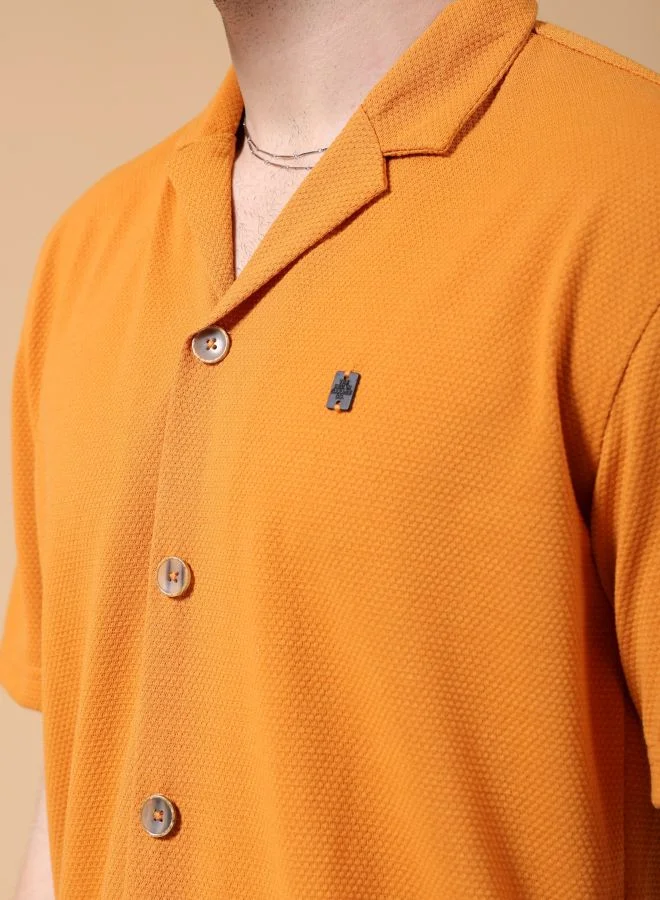 The Indian Garage Co Men Relaxed Fit Self Design Half Sleeves Cuban Collar Street Wear Shirt