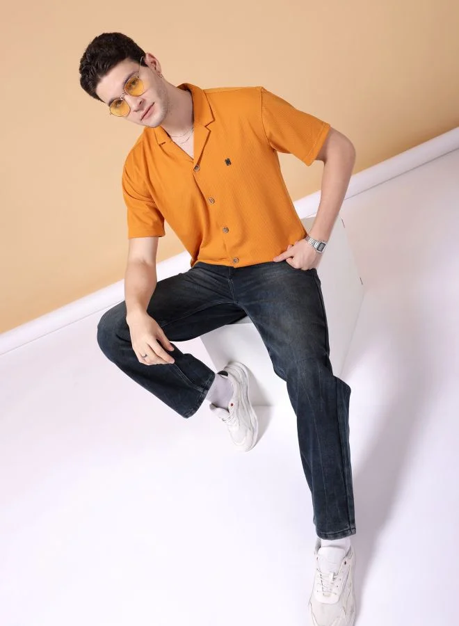 The Indian Garage Co Men Relaxed Fit Self Design Half Sleeves Cuban Collar Street Wear Shirt