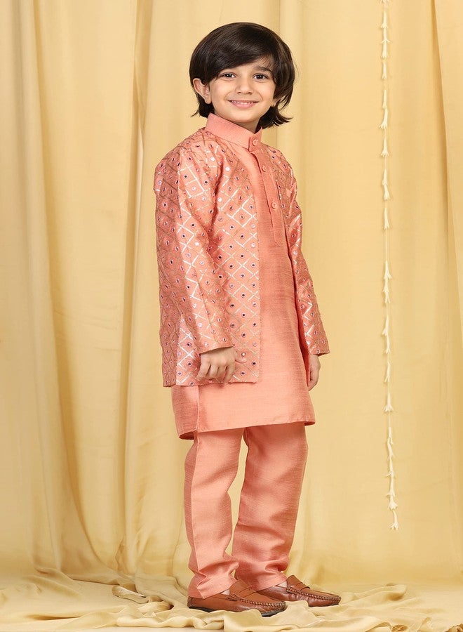 AJ DEZINES Kids Embroidered Mukaish Indo Western Sherwani For Boys (7049_PEACH_5) - Image 4