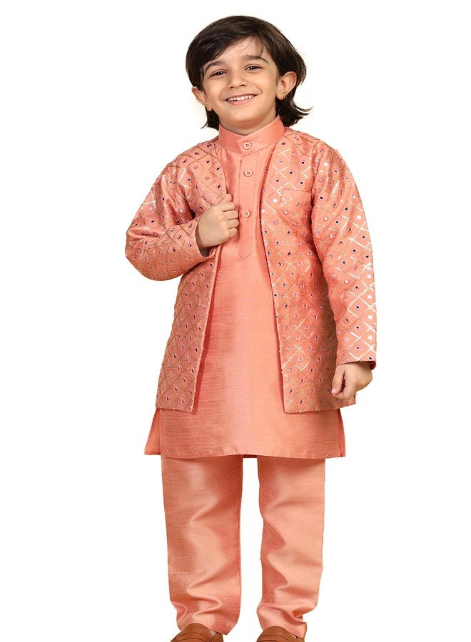 AJ DEZINES Kids Embroidered Mukaish Indo Western Sherwani For Boys (7049_PEACH_5) - Image 1