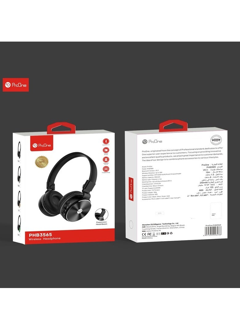 ProOne - ProOne PHB3565 Over-Ear Bluetooth Wireless Headphone - High Mobility, Easy Connectivity - Supports TF Card - Comfortable, Foldable Design - Compatible with iOS and Android - Image 1