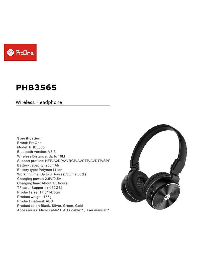 ProOne - ProOne PHB3565 Over-Ear Bluetooth Wireless Headphone - High Mobility, Easy Connectivity - Supports TF Card - Comfortable, Foldable Design - Compatible with iOS and Android - Image 1