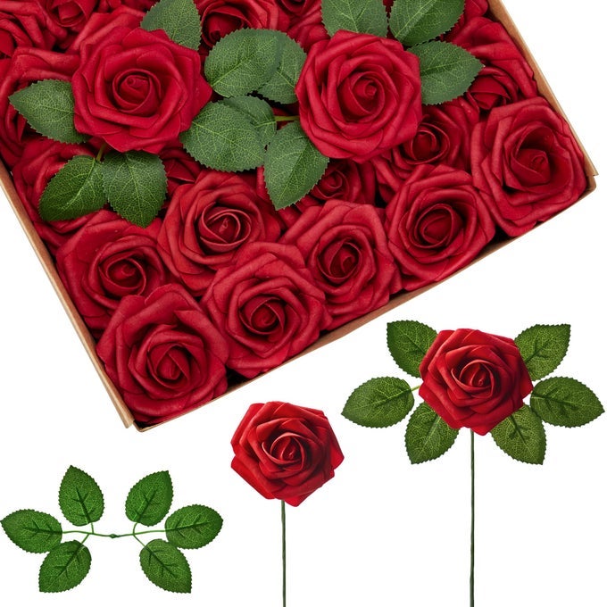 ARTIFICIAL FLOWERS 100 PCS DARK RED FOAM FAKE ROSES BULK WITH STEMS FOR DECORATION DIY WEDDING BOUQUETS CENTERPIECES BRIDAL SHOWER PARTY CHRISTMAS TREE