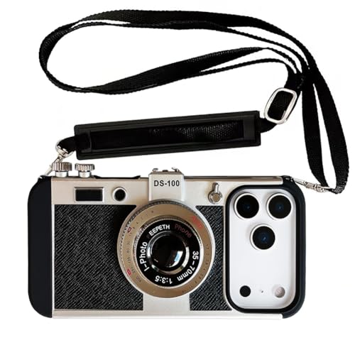 QoKcoahn 3D Vintage Camera Phone Case with Long Lanyard Unique Cool Silicone PC Shockproof Crossbody Protective Case for iPhone 17 Pro Black - Image 1