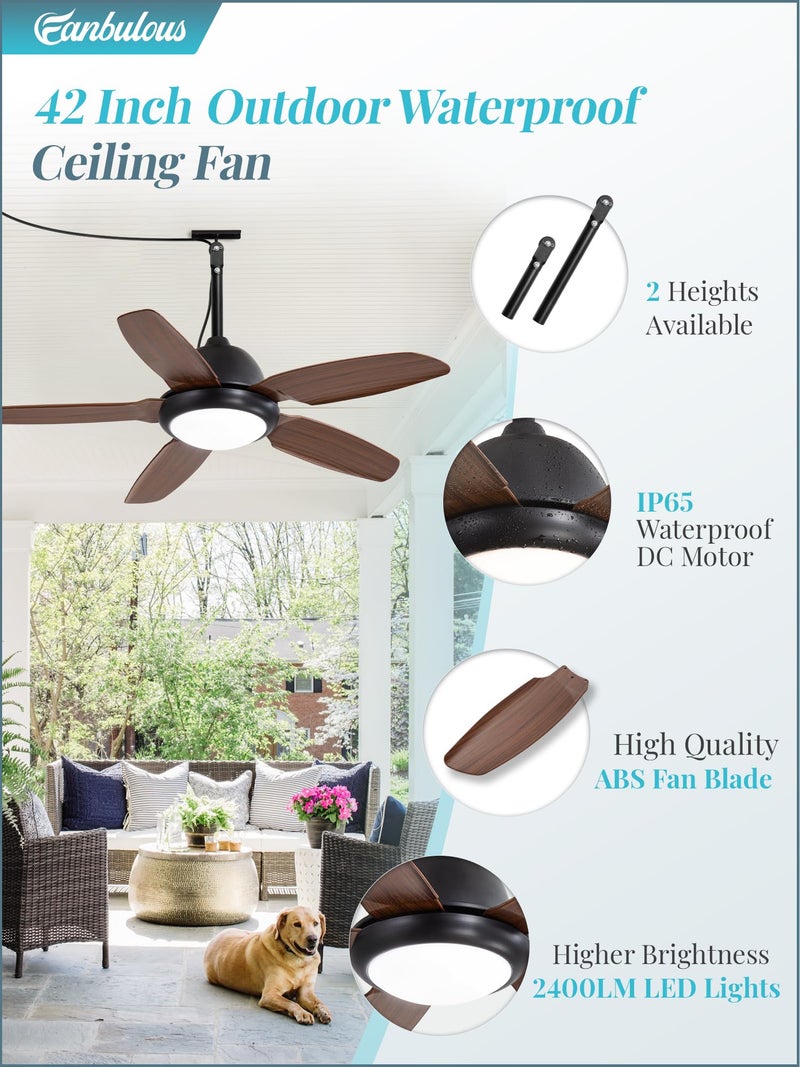 Fanbulous 42 Inch Wet Rated Outdoor Ceiling Fan with Lights and Remote,IP65 Hanging Gazebo Fan with 3CCT 6-Speed DC Motor,Brown Waterproof Plug in Ceiling Fan with Cord for Patios Porch Pergola Pavilion - Image 2