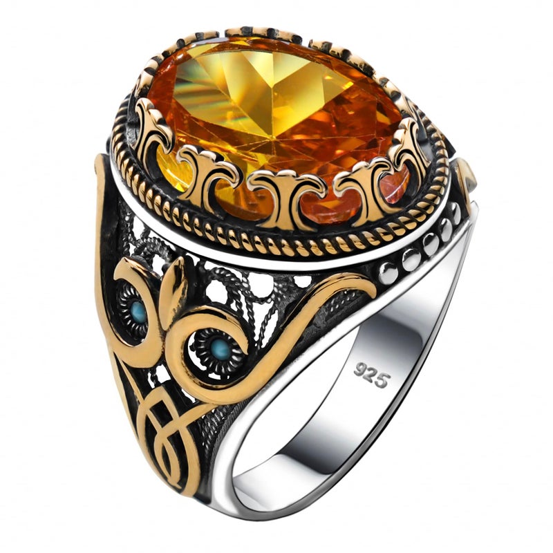 Genuine Solid 925 Sterling Silver Accented with Bronze Faceted Simulated Yellow Citrine Stone Authentic Vintage Turkish Ottoman Style Ring for Men Simulated Citrine 6