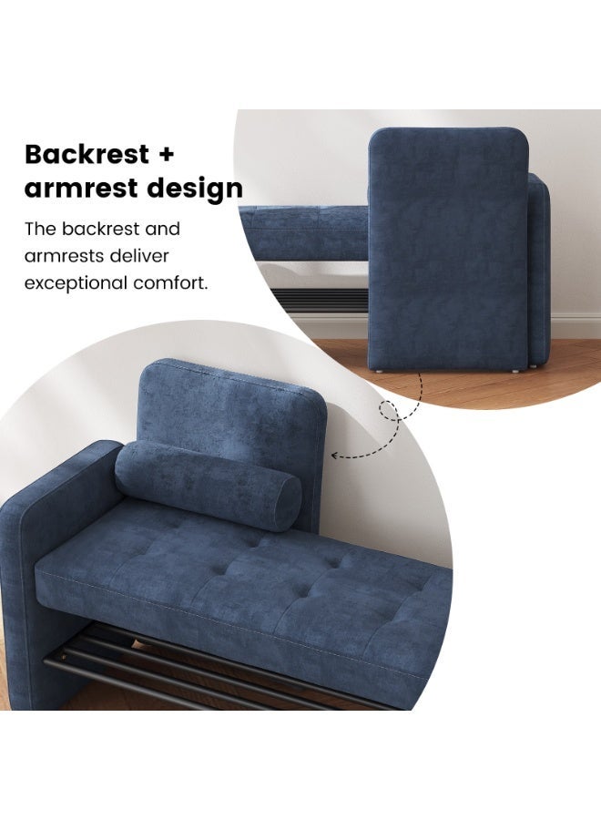 مقعد أحذية مع مسند ظهر ومساند ذراعين، مقعد مدخل مكسو بالمخمل الأزرق، مقعد تخزين أحذية مع رف معدني، مقعد مريح لتغيير الأحذية للمداخل والممرات وغرف النوم، المقاس 104×45×76.5 سم - Image 5