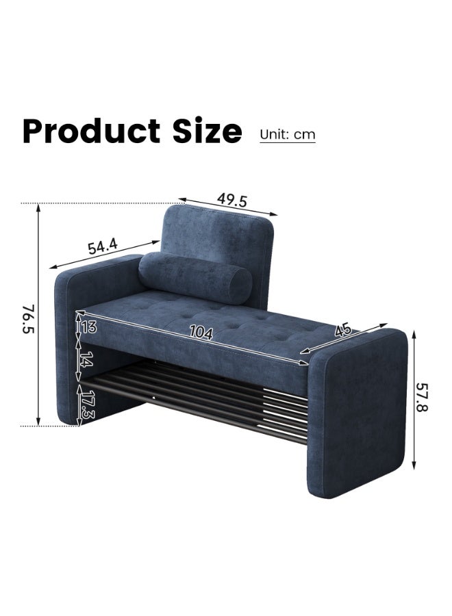 مقعد أحذية مع مسند ظهر ومساند ذراعين، مقعد مدخل مكسو بالمخمل الأزرق، مقعد تخزين أحذية مع رف معدني، مقعد مريح لتغيير الأحذية للمداخل والممرات وغرف النوم، المقاس 104×45×76.5 سم - Image 3