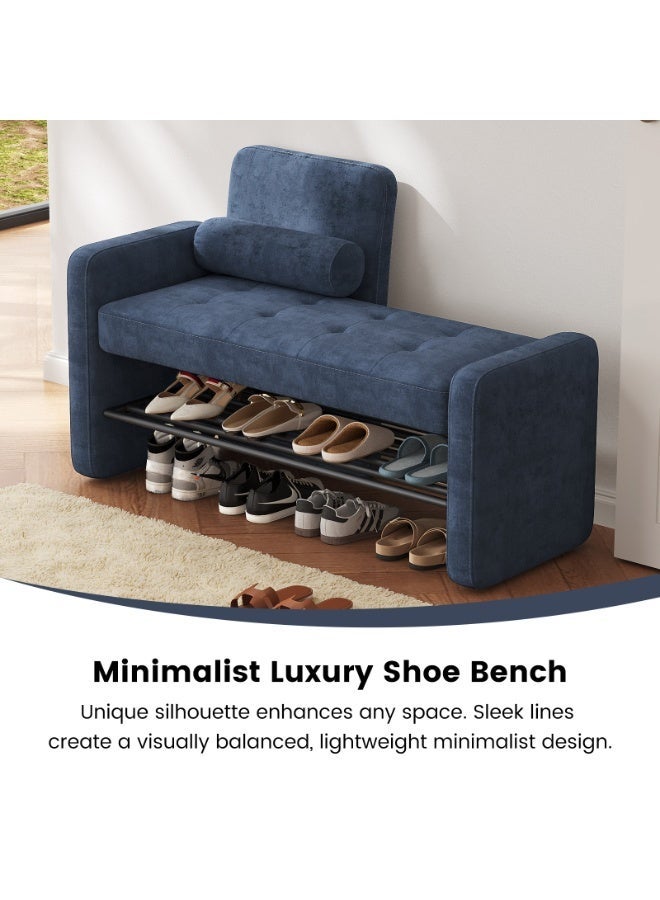 مقعد أحذية مع مسند ظهر ومساند ذراعين، مقعد مدخل مكسو بالمخمل الأزرق، مقعد تخزين أحذية مع رف معدني، مقعد مريح لتغيير الأحذية للمداخل والممرات وغرف النوم، المقاس 104×45×76.5 سم - Image 4