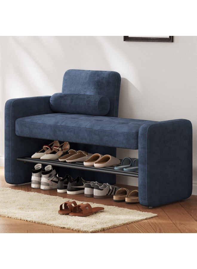 مقعد أحذية مع مسند ظهر ومساند ذراعين، مقعد مدخل مكسو بالمخمل الأزرق، مقعد تخزين أحذية مع رف معدني، مقعد مريح لتغيير الأحذية للمداخل والممرات وغرف النوم، المقاس 104×45×76.5 سم - Image 1