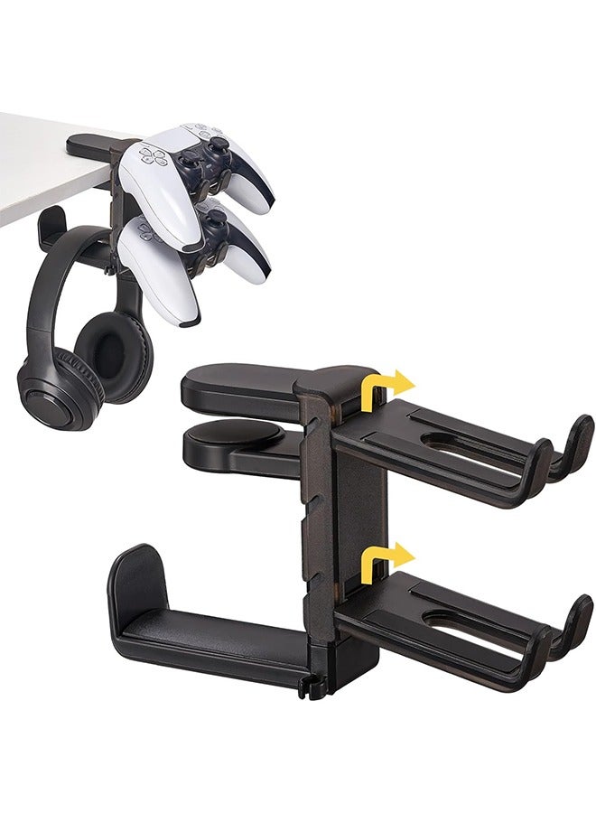 يلا جوي حامل سماعات رأس 3 في 1 تحت المكتب مع مشبك تثبيت قابل للتعديل، وفتحتان لوحدة التحكم وحامل سماعة رأس عالمي، ورف خطاف دوار ومنظم كابلات، للألعاب المنزلية Xbox PS5 - أسود - Image 1