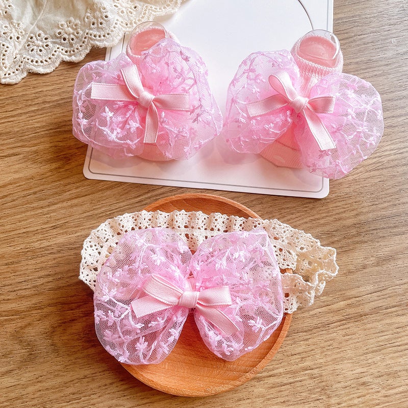 Generic Cute Newborn Socks and Headband Set Cartoon Korean Style Baby Accessories Pink Lace Bubble Bow 