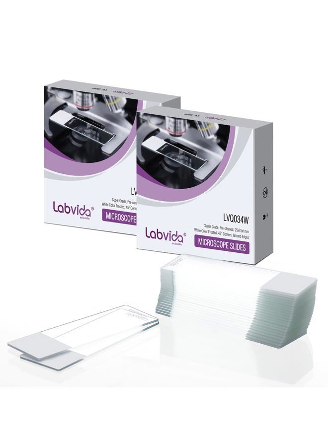Labvida 144pcs of Pre-Cleaned White Color Frosted Microscope Slide, Dim.75mmx25mm, Super Grade Glass, Ground Edges, 45° Safety Corners, LVQ034W - Image 1