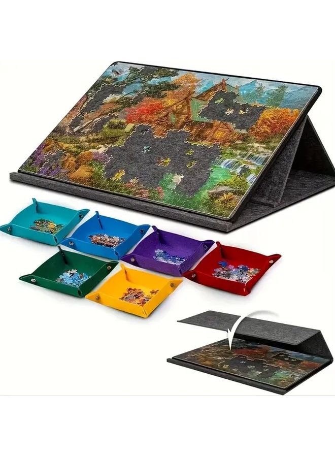 Portable Puzzle Board with 6 Small Trays 2 in 1 Stand Lid Tilt Design Lightweight Felt Storage - Image 3