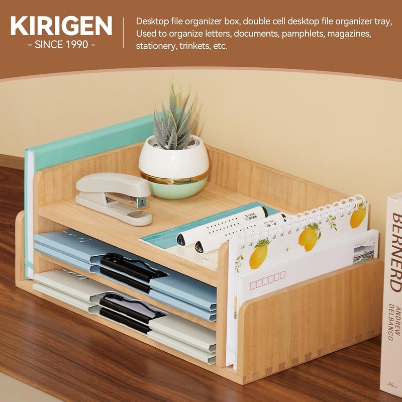 KIRIGEN Wood 3-Tier Office Desktop Document Tray - Mail Sorter Organizer Rack - Wooden Document Letter Stand for Folders, Mail, Stationary, Desk Accessories Natural(2TP-NA) - Image 4