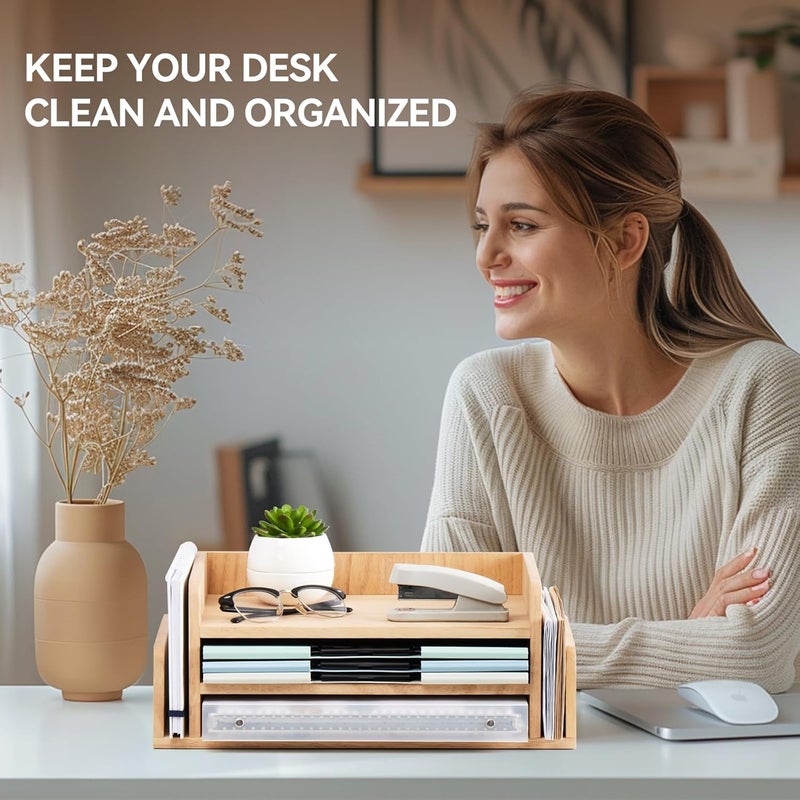 KIRIGEN Wood 3-Tier Office Desktop Document Tray - Mail Sorter Organizer Rack - Wooden Document Letter Stand for Folders, Mail, Stationary, Desk Accessories Natural(2TP-NA) - Image 5