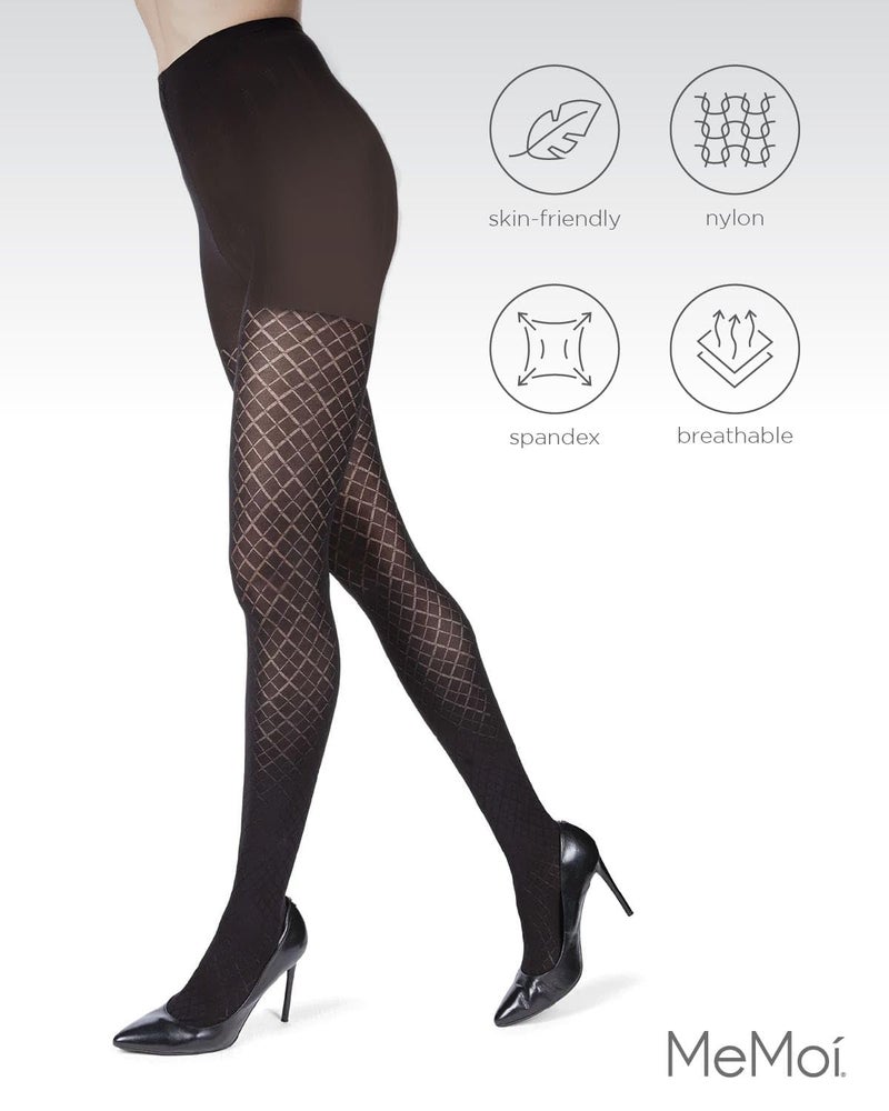 MeMoi Diamond Argyle Control Top Tights, Nylon Smoothing Tummy Control Tights, 60 Denier - Sizes Small to Queen 2, Black, Small/Medium - Image 5