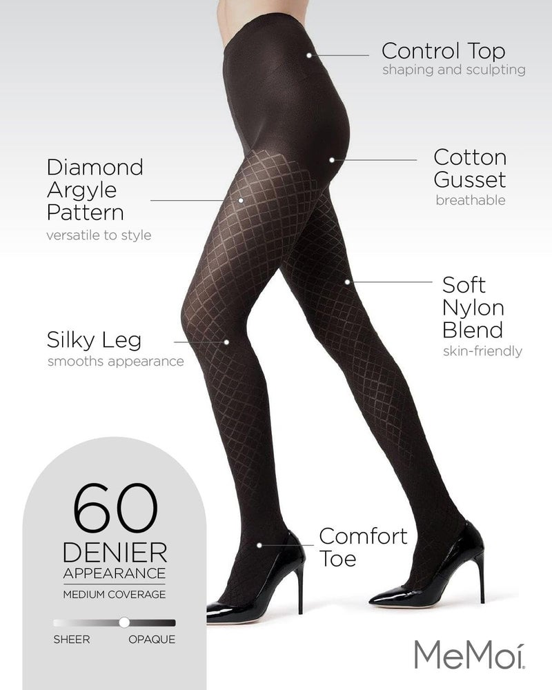 MeMoi Diamond Argyle Control Top Tights, Nylon Smoothing Tummy Control Tights, 60 Denier - Sizes Small to Queen 2, Black, Small/Medium - Image 3
