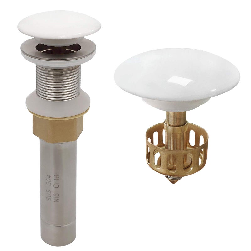GZILA Vessel Sink Drain Without Overflow White PopUp Drain with Basket Stopper Bathroom Vanity Ceramic Brass Strainer Hair Catcher AntiClogging Brushed Nickel Porcelain Cap