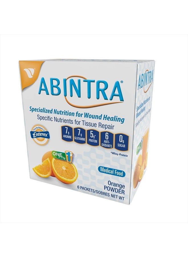 ABINTRA Specialized Wound Healing Nutritional Supplement Includes L-Arginine, L-Glutamine, Whey Protein, Vitamins and Minerals, Orange Flavor, 6 Packets, 27g Each, Made in The USA  - Image 1