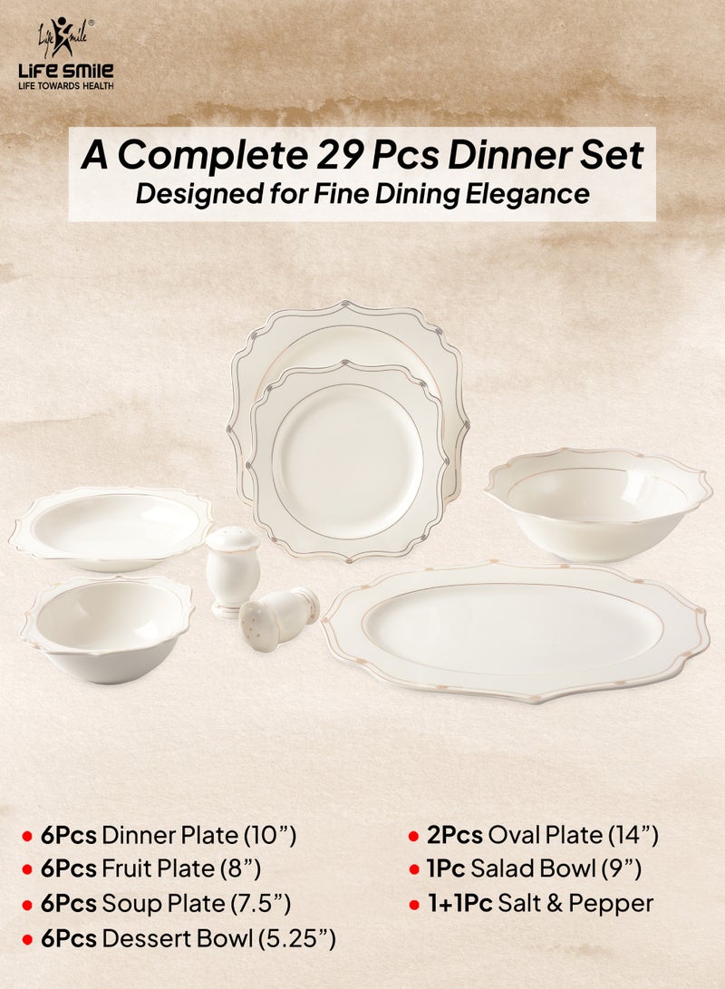 Life Smile 29-Pcs Dinner Set – Porcelain Dinnerwares- Serving Dish and Bowls Set Includes 6x Dinner Plates, 6x Fruit Plates, 6x Soup Plates, 6 x Dessert Bowls, 2x Oval Plates, 1x Salad Bowl, and 1x Salt and Pepper Shaker - Image 2