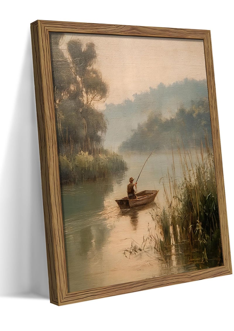 Tmvosn Wood Framed Vintage Fishing Wall Art, Small Country Fisherman Landscape Canvas Wall Decor Paintings, Retro Country Farmhouse Posters Prints Pictures for Boy Room Bedroom Living Room 8x10 Inch - Image 1
