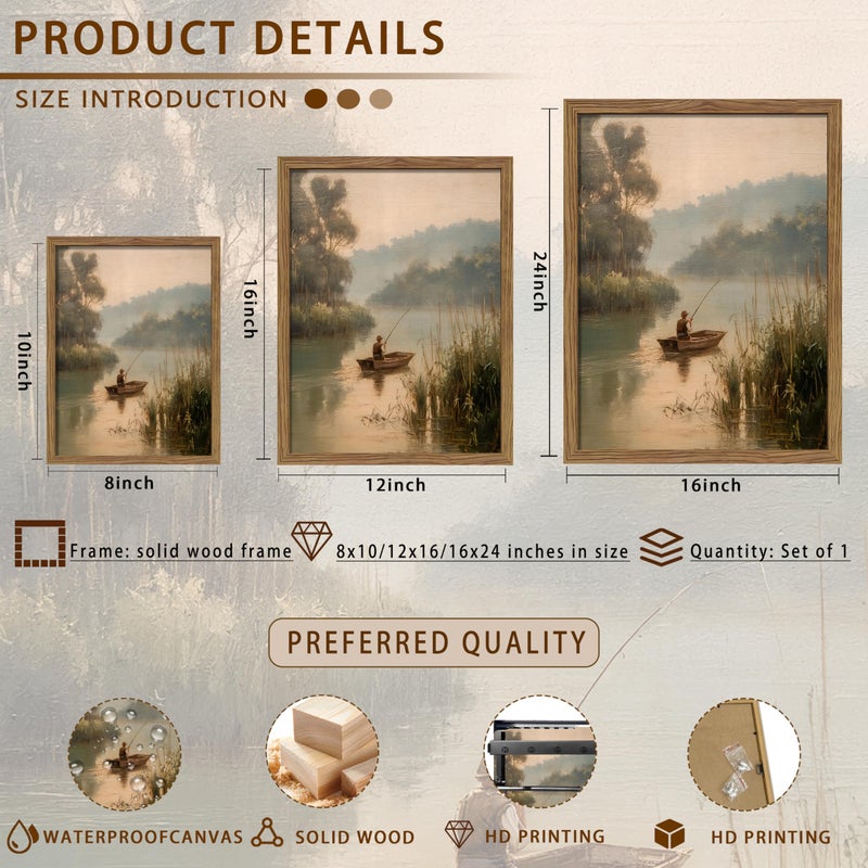 Tmvosn Wood Framed Vintage Fishing Wall Art, Small Country Fisherman Landscape Canvas Wall Decor Paintings, Retro Country Farmhouse Posters Prints Pictures for Boy Room Bedroom Living Room 8x10 Inch - Image 3