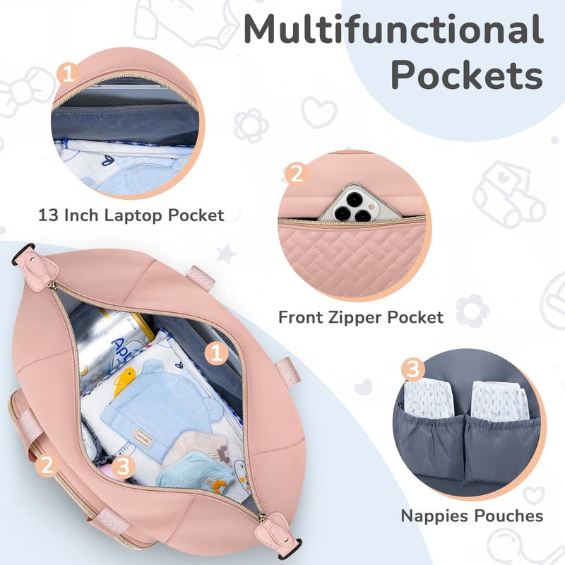 Tenot Diaper Bag Tote with Pacifier Case, Baby Bag for Women with Shoulder Straps, Travel Diaper Tote for for Mom and Dad Medium Size, Pink - Image 5