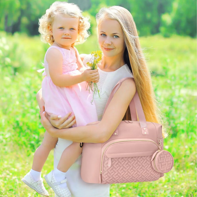 Tenot Diaper Bag Tote with Pacifier Case, Baby Bag for Women with Shoulder Straps, Travel Diaper Tote for for Mom and Dad Medium Size, Pink - Image 3