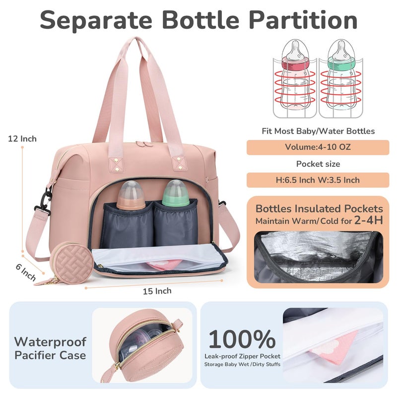 Tenot Diaper Bag Tote with Pacifier Case, Baby Bag for Women with Shoulder Straps, Travel Diaper Tote for for Mom and Dad Medium Size, Pink - Image 4