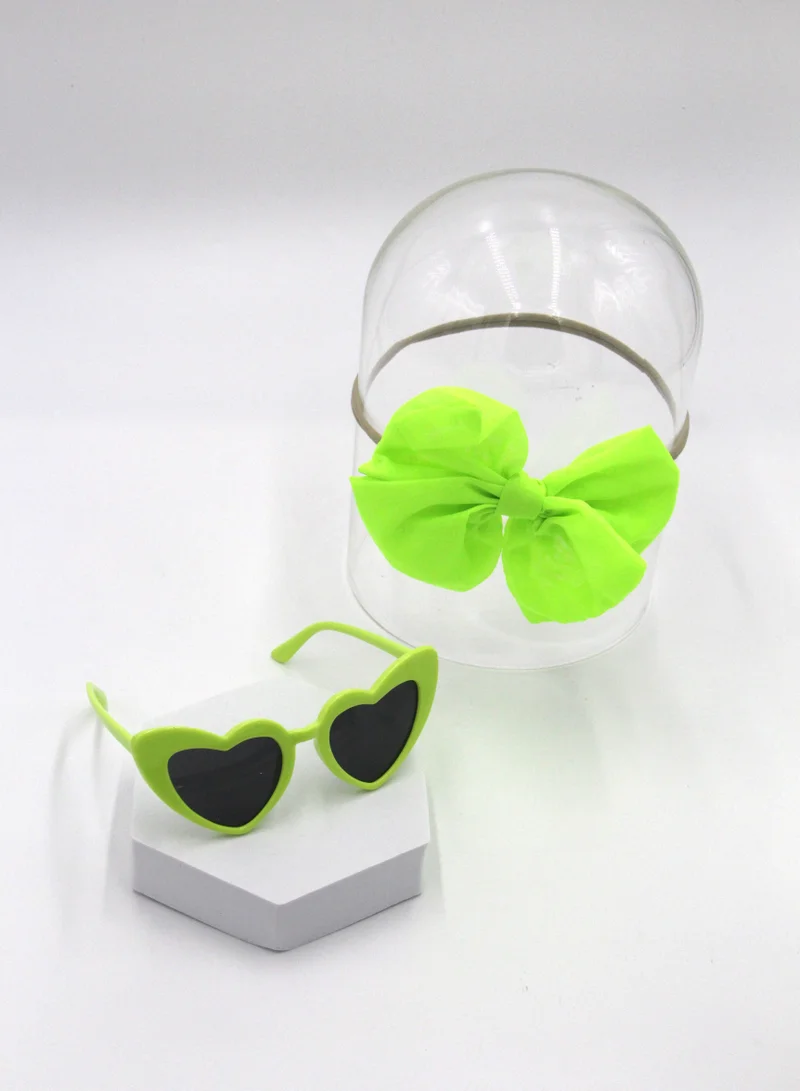 D'Daniela Athena Glasses and Bow Barrette Ponytail Set For Babies and Girls - Neon Green
