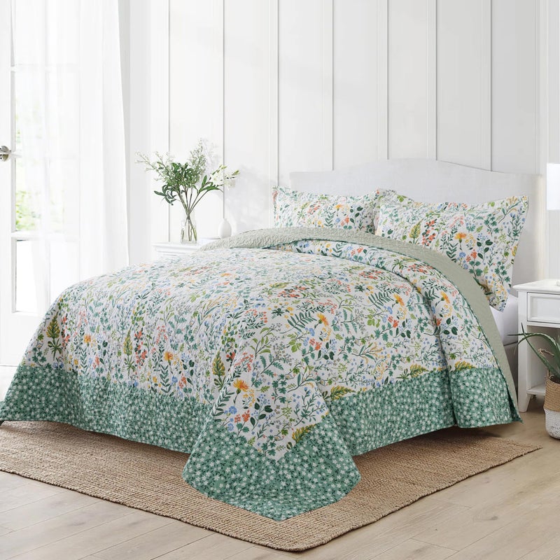 NEWLAKE Cotton Bedspread Quilt Sets-Reversible Patchwork Coverlet Set, Green Classic Floral Pattern, California King Size - Image 5