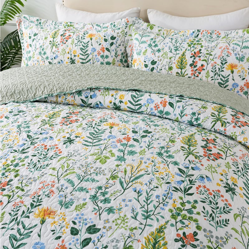 NEWLAKE Cotton Bedspread Quilt Sets-Reversible Patchwork Coverlet Set, Green Classic Floral Pattern, California King Size - Image 2