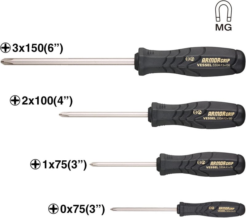 VESSEL - ARMOR GRIPâ„¢ Screwdriver Cross Point 4PC. Set (JISDRIVE) No.550APH4PBU - Image 1