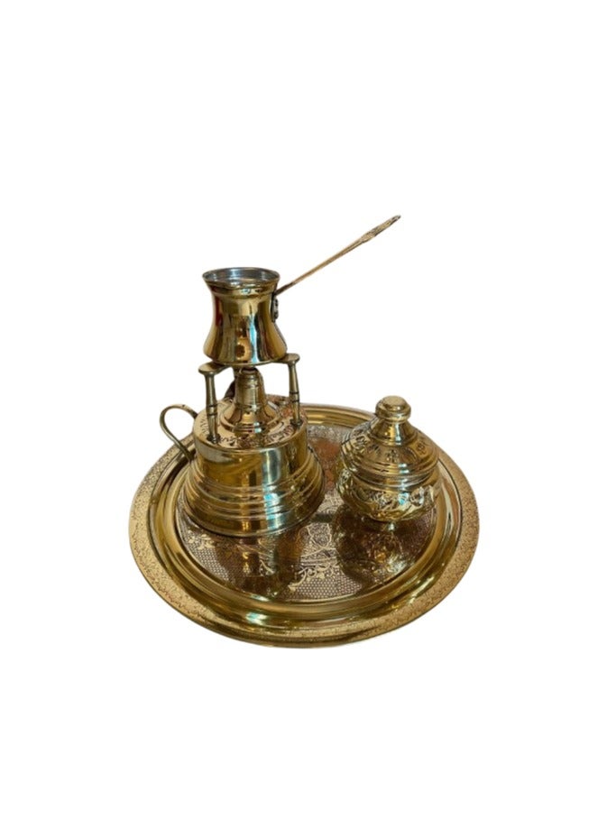 كاناكا طقم القهوة التركية 4 قطع من النحاس الخالص سبرتاية , كنكة , سكريه , صينية منقوشة.