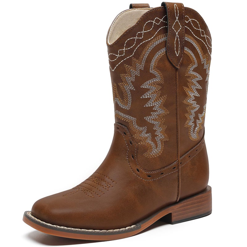 Parrosoo Cowboy Boots for Kids Cowgirl Boys Western Boot for Girls Riding Shoes Size 3 Big Kid Square Toe Wide Calf Boy Horse West Clothes Cow Horseback Low Heel Hunting Fashion(8902 Brown 3) - Image 1