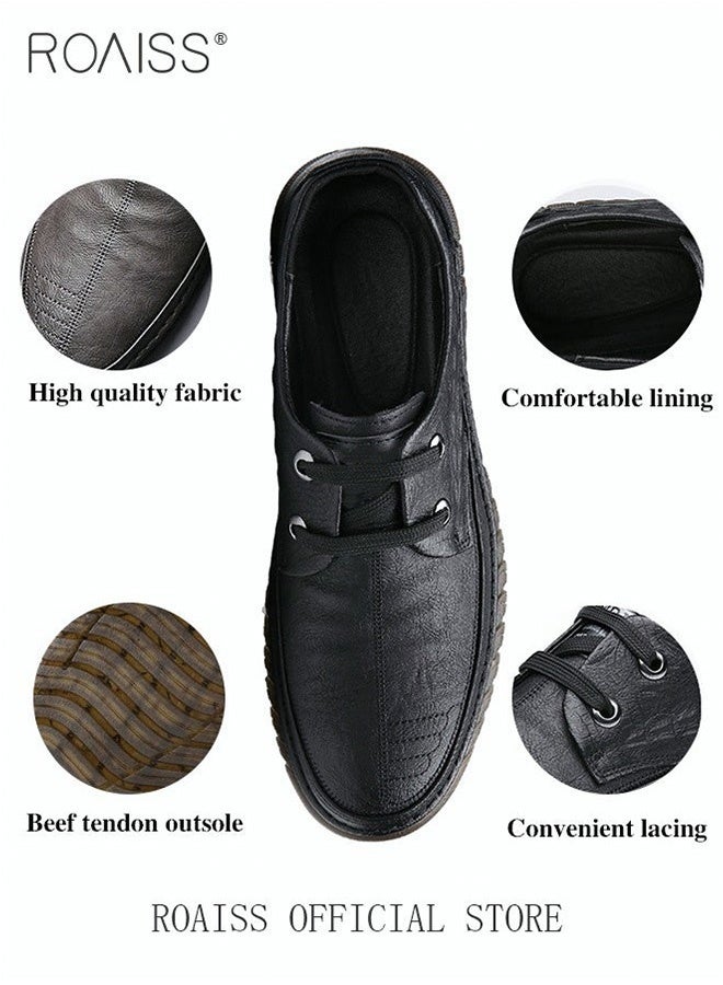 رويس حذاء رجالي كاجوال متين وجيد التهوية مصنوع من الجلد بنقشة جلد التمساح ونعل ناعم مقاوم للانزلاق وتصميم برباط حذاء مسطح متعدد الاستخدامات ومريح باللون الأسود للرجال - Image 5